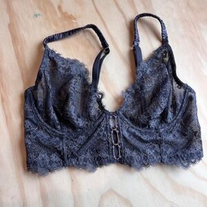 Etam Women Dark Grey Floral Lace Longline Underwire Bra Sheer Mesh 36C 95C